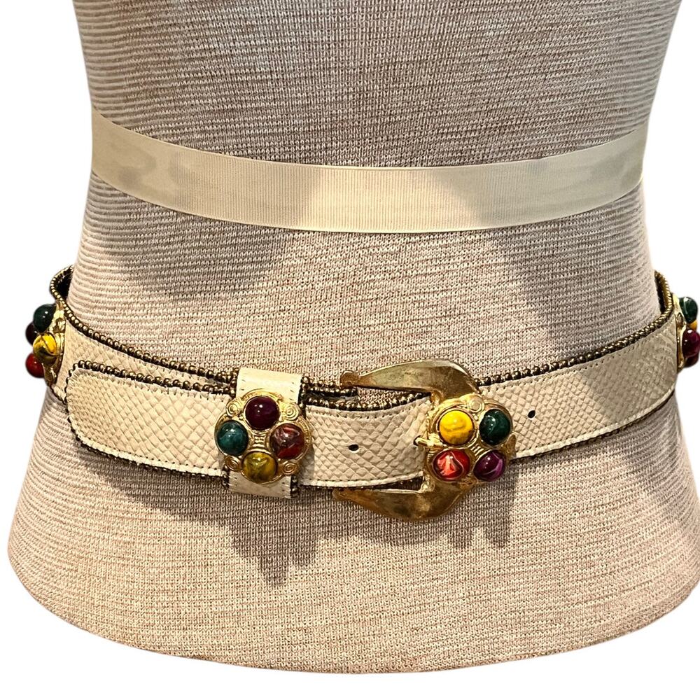 Size XS/S/M VTGE Leatherock Womens Belt Beaded Gold Snake Print White Leather
